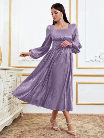 Rochie din satin cu mânecă lanternă, perle jacquard [2]