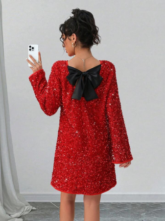 Rochie Elegantă Cu Fundă Cu Paiete, Ocazională, Lejeră [2]