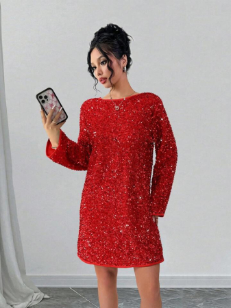 FEMEI - Rochie Elegantă Cu Fundă Cu Paiete, Ocazională, Lejeră