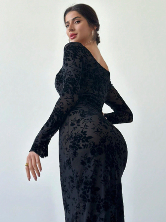 Rochie elegantă de toamnă/iarnă, cu imprimeu floral și decolteu pătrat, cu fâșii și tiv cu volane [4]