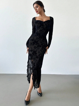 Rochie elegantă de toamnă/iarnă, cu imprimeu floral și decolteu pătrat, cu fâșii și tiv cu volane [1]