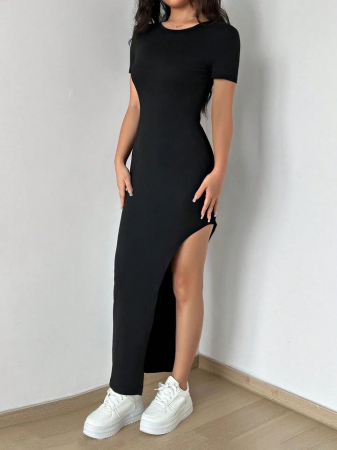 Rochie maxi pentru femei Flirla, cu guler rotund și mânecă scurtă, cu tiv despicat [1]