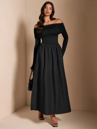 ROCHII - Rochie midi BAE, elegantă, minimalistă, cu draperii, croită pe umeri.