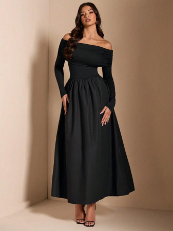 Rochie midi BAE, elegantă, minimalistă, cu draperii, croită pe umeri. [1]