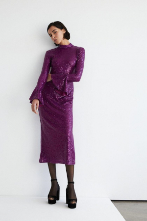 ROCHII - Rochie midi cu mâneci clopot cu paiete