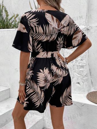 Salopetă Cu Decolteu În V Pentru Femei, Cu Model De Frunze [2]