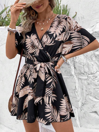 Salopetă Cu Decolteu În V Pentru Femei, Cu Model De Frunze [1]