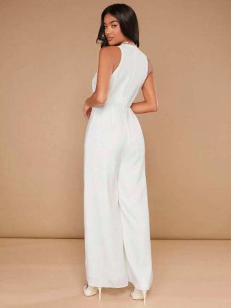 Salopetă elegantă SHEIN Belle, cu decolteu adânc, albă, cu picior larg [2]