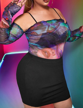 FEMEI - Set din doua piese cu top transparent colorat si fusta negru