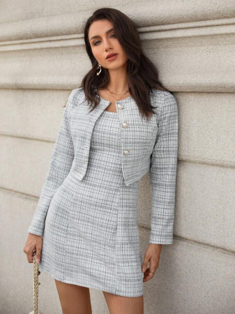 FEMEI - Set Jachetă Scurtă În Carouri Și Rochie Fără Mâneci, 2 Buc., Primăvară, Toamnă