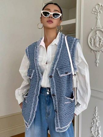SACOURI - Vestă din denim cu finisaj brut și buzunar dublu, fără cămașă