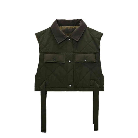 Vestă elegantă, cu buzunare verzi, matlasată, crop, pentru femei, la modă, cu nasturi laterali [2]