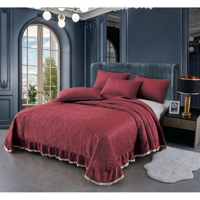 Cuvertura catifea cu volanase si dantela + 2 fețe pernă,grena C1309 [1]