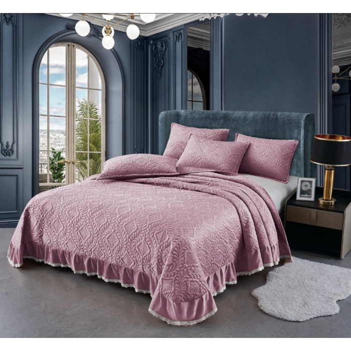 Cuvertura catifea cu volanase si dantela + 2 fețe pernă,mov deschis  C1310 [1]