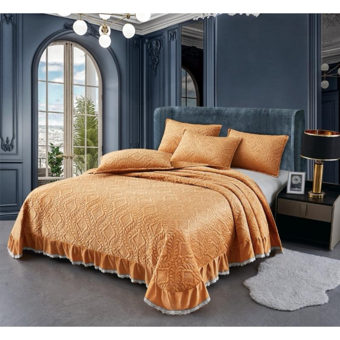 Cuvertura catifea cu volanase si dantela + 2 fețe pernă,mustar C1308 [1]