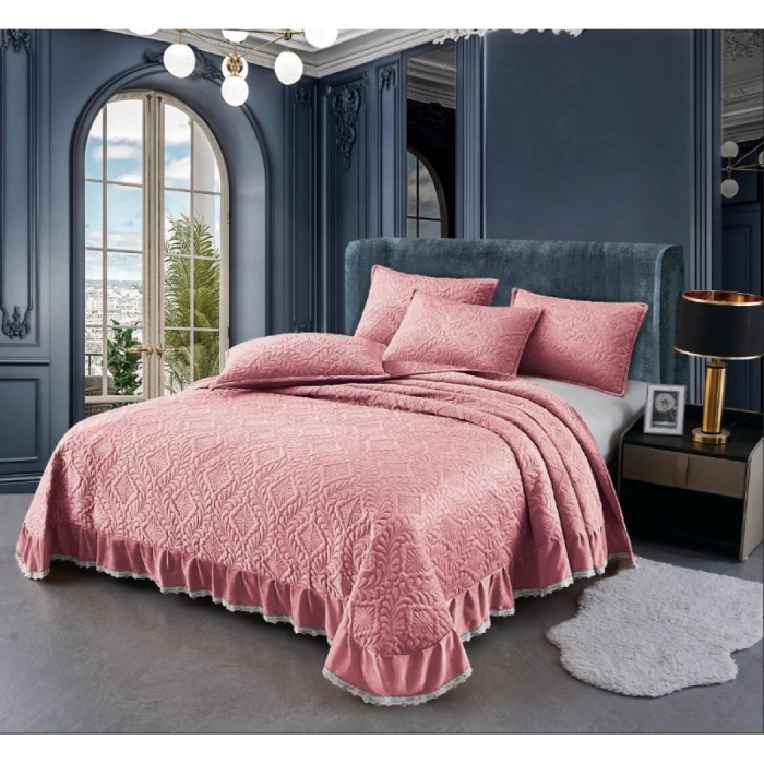 Cuvertura catifea cu volanase si dantela + 2 fețe pernă,roz  C1311 [1]