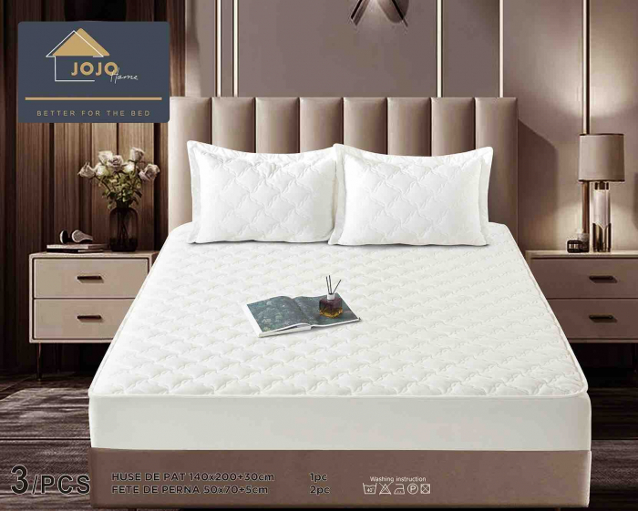 Husa de Pat Catifelata cu Elastic, 140 x 200 cm, cu Doua Fete de Perna , Alb , C649 [1]