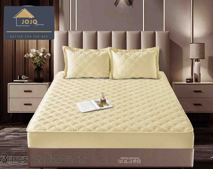 Husa de Pat Catifelata cu Elastic, 140 x 200 cm, cu Doua Fete de Perna , Crem , C643 [1]