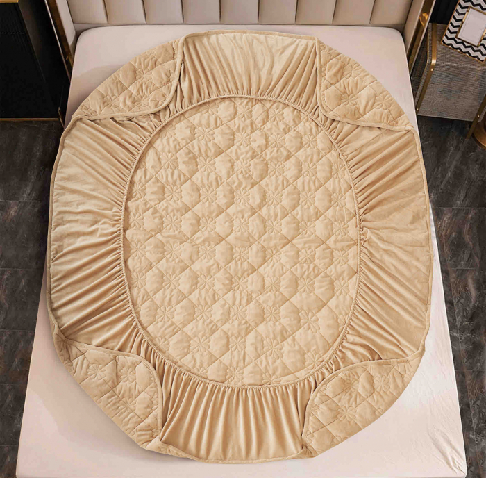 Husa de Pat Catifelata cu Elastic, 140 x 200 cm, cu Doua Fete de Perna , Crem , C650 [4]