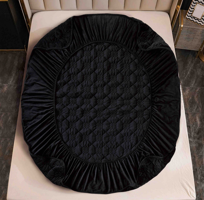 Husa de Pat Catifelata cu Elastic, 140 x 200 cm, cu Doua Fete de Perna , Negru , C648 [3]