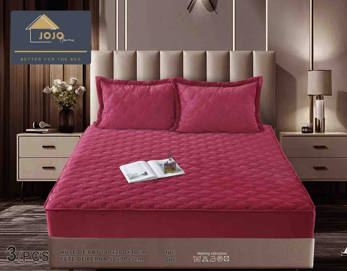 Husa de Pat Catifelata cu Elastic, 140 x 200 cm, cu Doua Fete de Perna , Rosu , C644 [1]