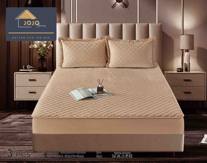 Husa de Pat Catifelata cu Elastic, 160 x 200cm, cu Doua Fete de Perna , Bej , C637 [1]