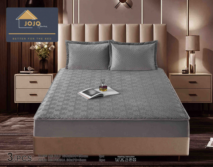 Husa de Pat Catifelata cu Elastic, 160 x 200cm, cu Doua Fete de Perna , Gri , C641 [1]