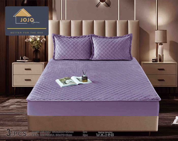 Husa de Pat Catifelata cu Elastic, 160 x 200cm, cu Doua Fete de Perna , Mov , C635 [1]