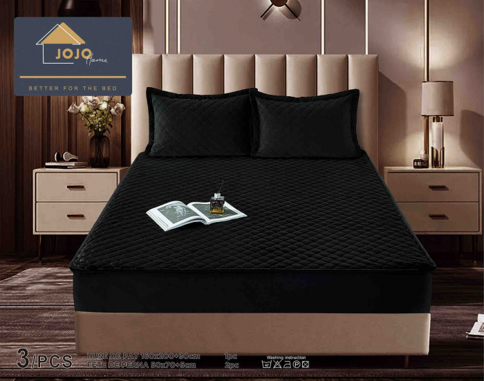 Husa de Pat Catifelata cu Elastic, 160 x 200cm, cu Doua Fete de Perna , Negru , C633 [1]