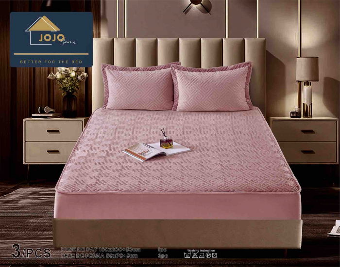 Husa de Pat Catifelata cu Elastic, 160 x 200cm, cu Doua Fete de Perna , Roz , C640 [1]