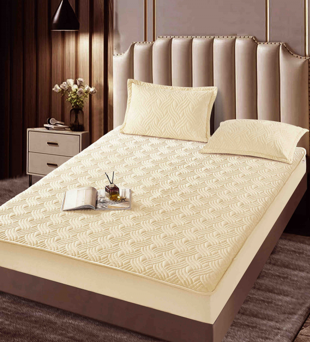 Husa de Pat Catifelata cu Elastic, 180 x 200cm, cu Doua Fete de Perna, Crem , C630 [2]