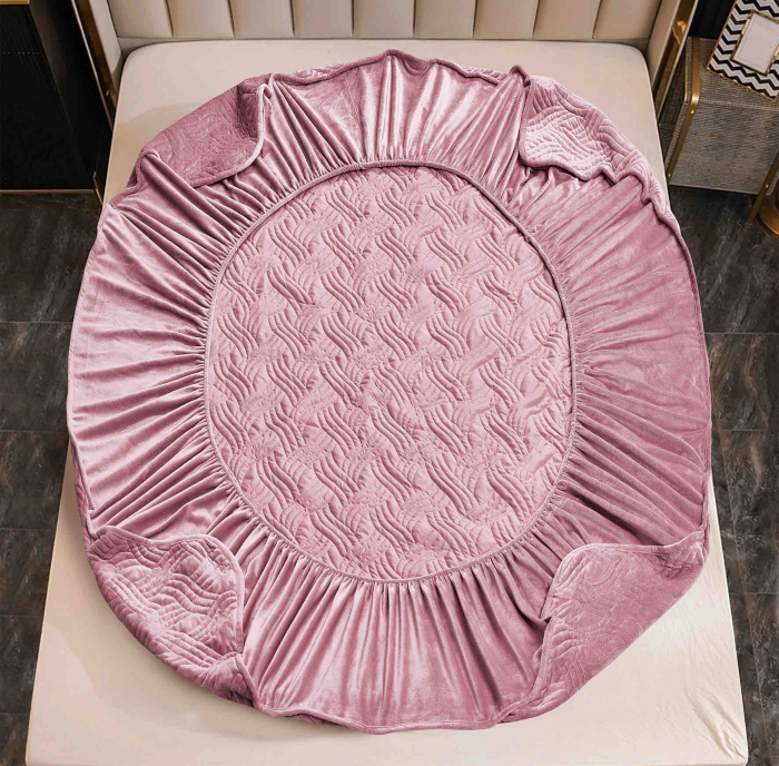 Husa de Pat Catifelata cu Elastic, 180 x 200cm, cu Doua Fete de Perna, Roz , C629 [4]