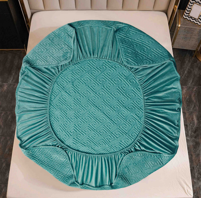 Husa de Pat Catifelata cu Elastic, 180 x 200cm, cu Doua Fete de Perna, Turcoaz , C617 [4]