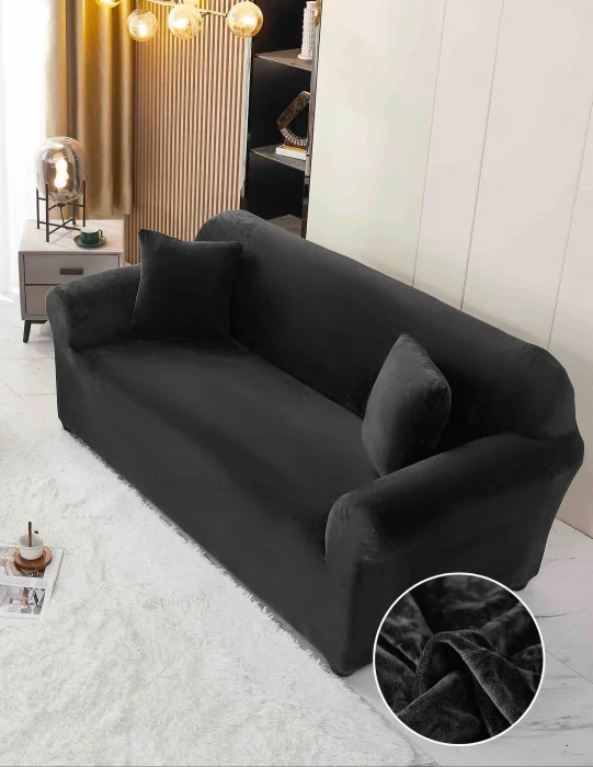 Husa Elastica Pentru Canapea din Catifea 2 Locuri - Negru C674 [1]