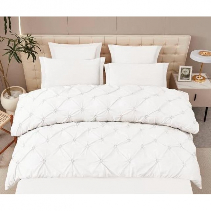 Lenjerie de Pat Premium , două persoane , 6 Piese ,Bumbac Finet , cearceaf de pat 180x200 cu ELASTIC, Pliuri Brodate , Alb C1096 [4]