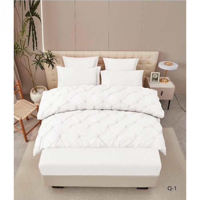 Lenjerie de Pat Premium , două persoane , 6 Piese ,Bumbac Finet , cearceaf de pat 180x200 cu ELASTIC, Pliuri Brodate , Alb C1096 [1]