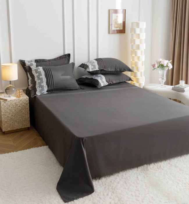 Lenjerie de Pat Dublu, Bumbac Finet, Inimi Brodate, Gri, 6 piese Jojo C573 [2]