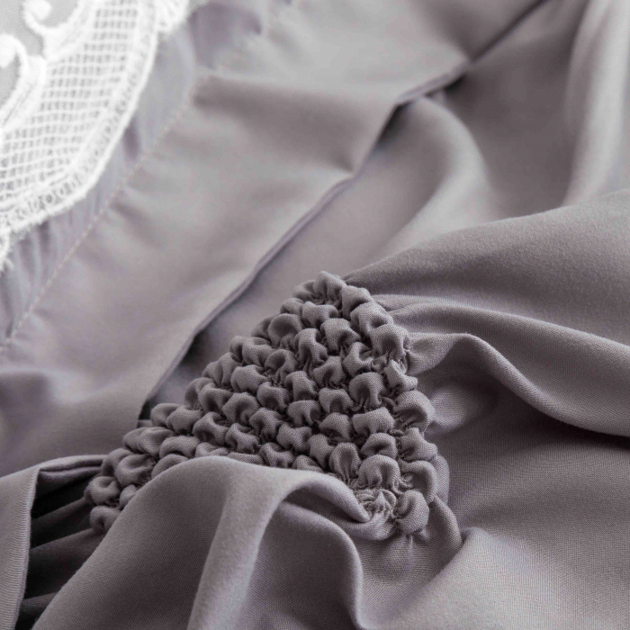 Lenjerie de Pat Dublu, Bumbac Finet, Inimi Brodate, Gri deschis, 6 piese Jojo C571 [4]