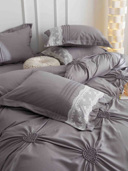 Lenjerie de Pat Dublu, Bumbac Finet, Inimi Brodate, Gri deschis, 6 piese Jojo C571 [3]