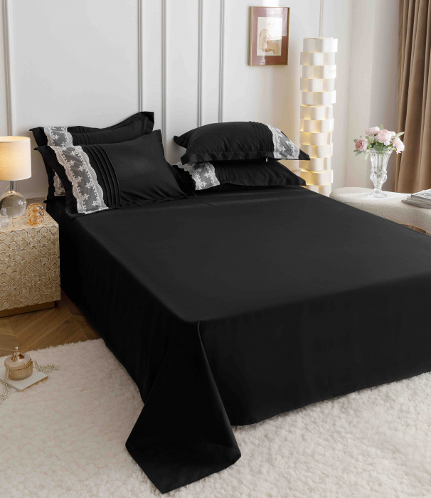 Lenjerie de Pat Dublu, Bumbac Finet, Inimi Brodate, Negru, 6 piese Jojo C570 [2]