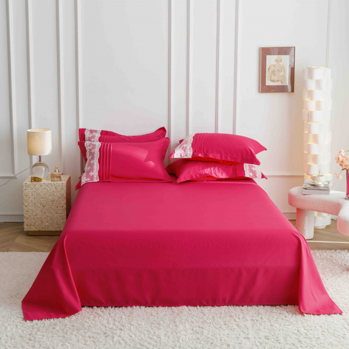 Lenjerie de Pat Dublu, Bumbac Finet, Inimi Brodate, Rosu, 6 piese Jojo C575 [2]