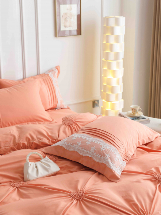 Lenjerie de Pat Dublu, Bumbac Finet, Inimi Brodate, Roz deschis, 6 piese Jojo C576 [3]