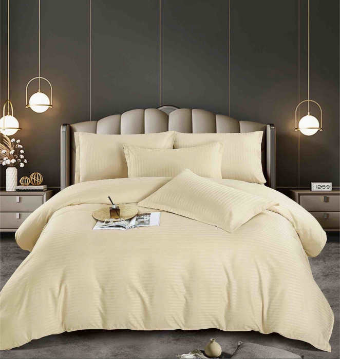 Lenjerie de pat dublu Damasc 6 piese, Cearceaf Normal, Crem C367 [1]