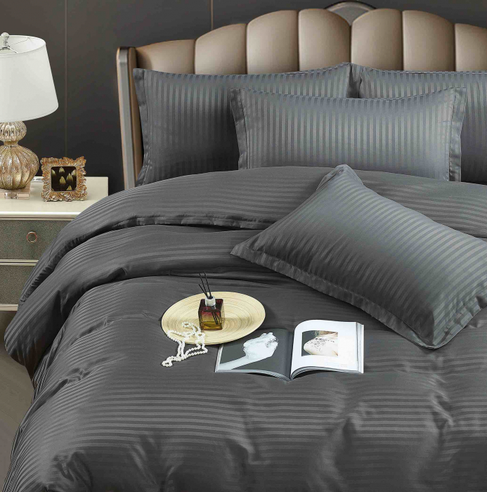 Lenjerie de pat dublu Damasc 6 piese, Cearceaf Normal, Gri Inchis C346 [3]