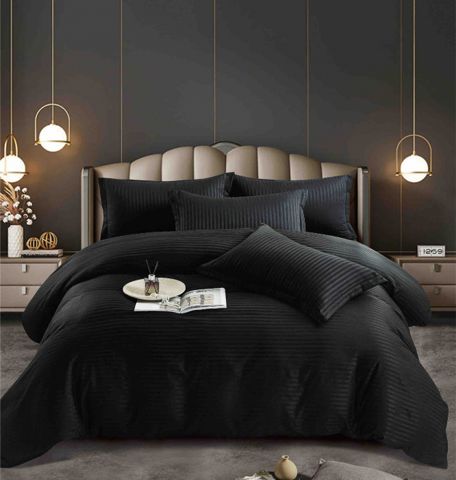 Lenjerie de pat dublu Damasc Cearceaf cu Elastic 6 piese Neagra C370 [1]
