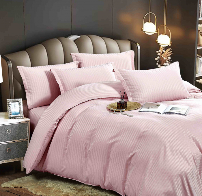 Lenjerie de pat dublu Damasc Cearceaf cu Elastic 6 piese Roz Pudra C371 [3]