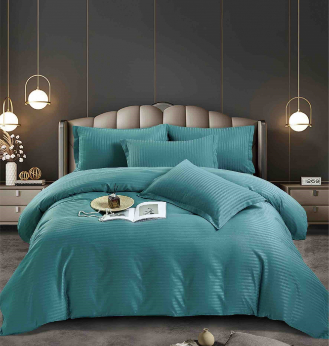 Lenjerie de pat dublu Damasc Cearceaf cu Elastic 6 piese Turcoaz C374 [1]