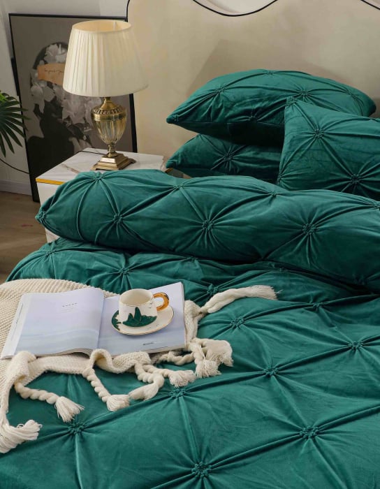 Lenjerie de Pat Dublu din Catifea, Cearceaf cu Elastic, 4 piese, Verde Smarald C259 [3]