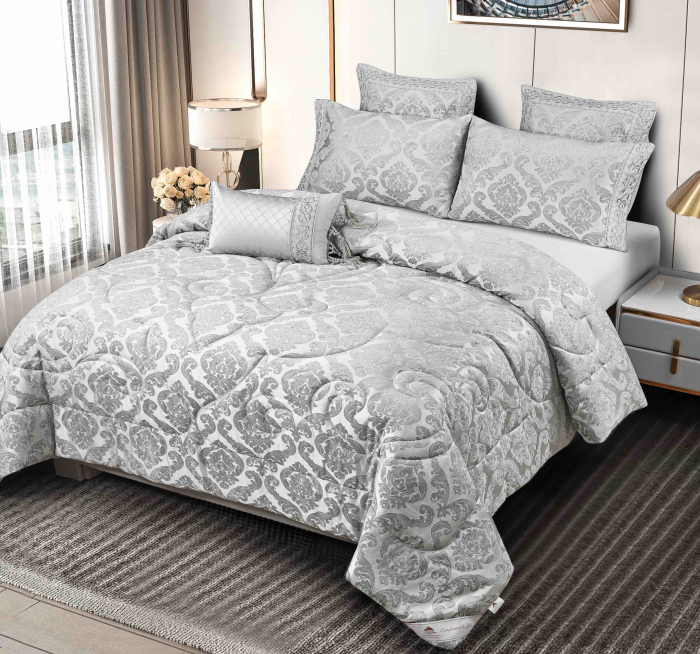 Lenjerie de Pat Dublu, Model Jacquard, 7 Piese, Cearceaf cu Elastic, Jojo Home C300 [3]