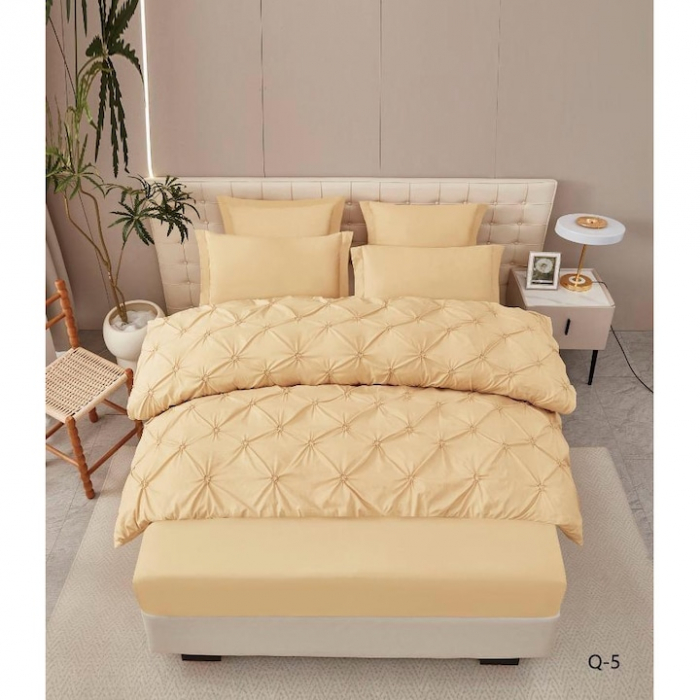 Lenjerie de Pat Premium , două persoane , 6 Piese ,Bumbac Finet , cearceaf de pat 180x200 cu ELASTIC, Pliuri Brodate , Bej C1098 [1]